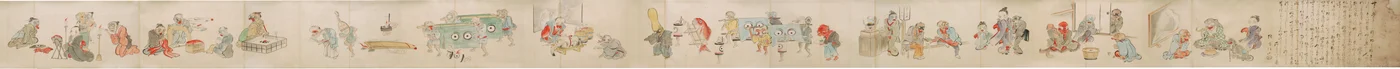 Pergamino japonés que representa el compromiso, matrimonio y vida hogareña de Yokai/youkai